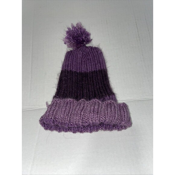 Hand knit stocking cap teens purples pom-pom warm hat, one-size-fits-all soft - Picture 1 of 7